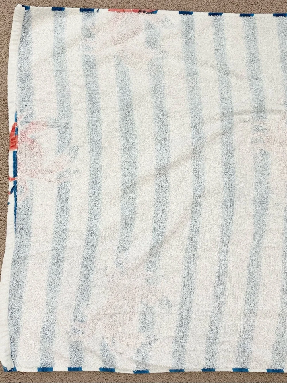 Sun Squad Blue & White Striped Beach Towel with Red Crab Print- Coastal/Nautical